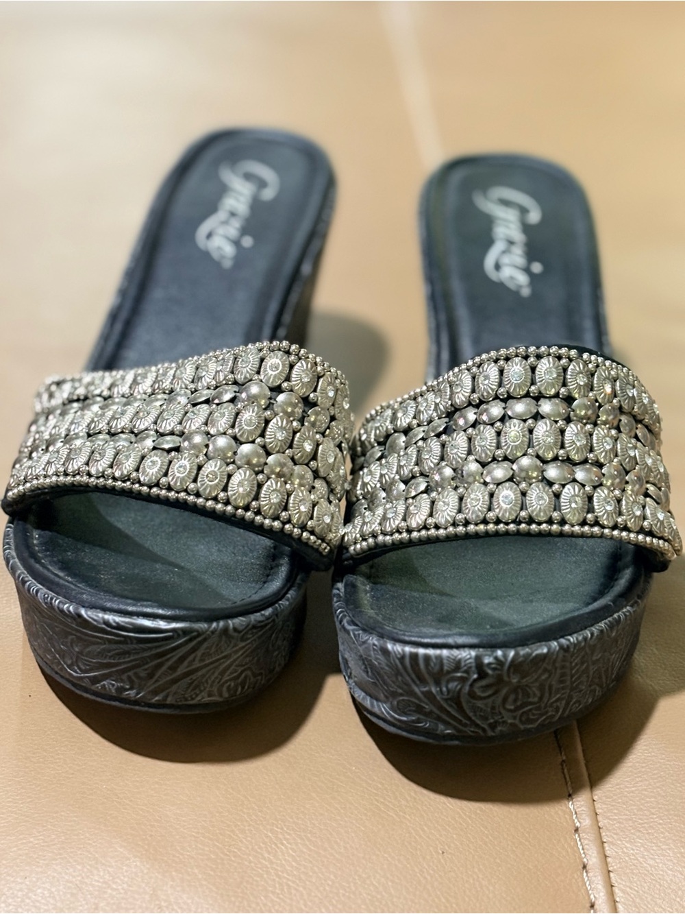 Grace Embellished Black Platform Slide Mules